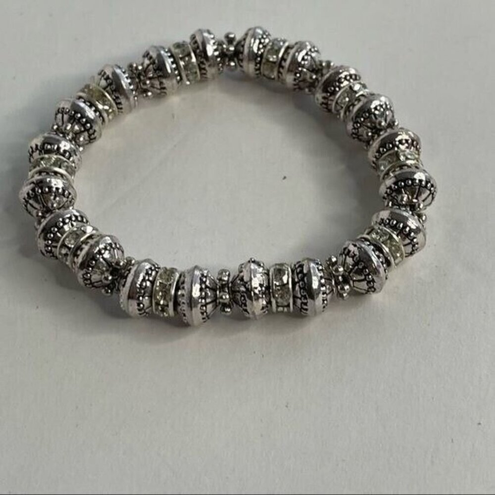 Silver Tone Bracelet with Geometric Design Beads Stretchy Band - Picture 3 of 4